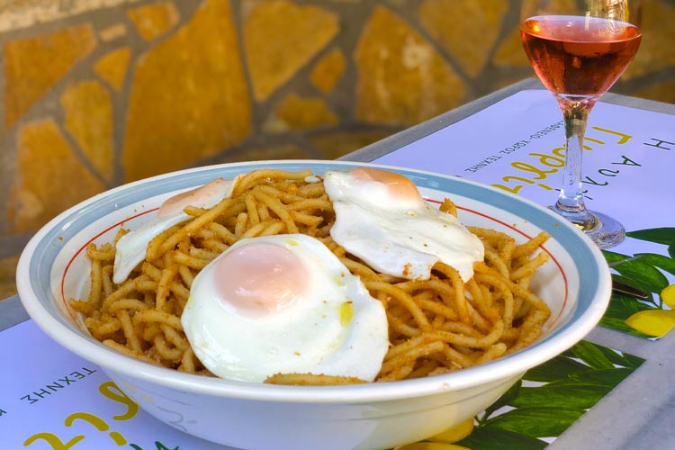 Traditional Greek Pasta and wine at Yioryitsas Backyard in Kardamyli, Greece
